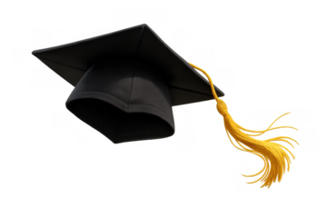 Black graduation cap with a yellow tassel moving through the air, symbolizing academic achievement and future success