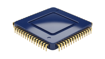 Blue computer chip PNG isolated on transparent background, integrated circuit component for electronics and technology projects