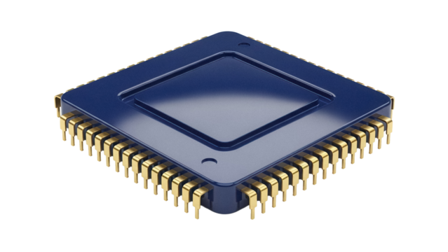Blue computer chip PNG isolated on transparent background, integrated circuit component for electronics and technology projects