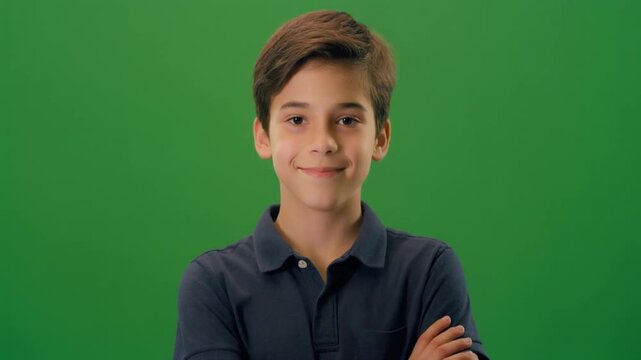 Confident young boy with a cheerful smile and arms crossed, standing in front of a neutral green background, looking directly at the camera, exuding a friendly and approachable demeanor