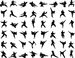 Martial arts karate silhouette fighters performing kicks punches poses training movements action stances combat techniques workout exercises for sports design