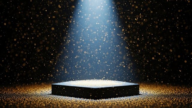 Empty black podium or pedestal illuminated by a dramatic blue spotlight with falling golden glitter or dust particles in a dark environment