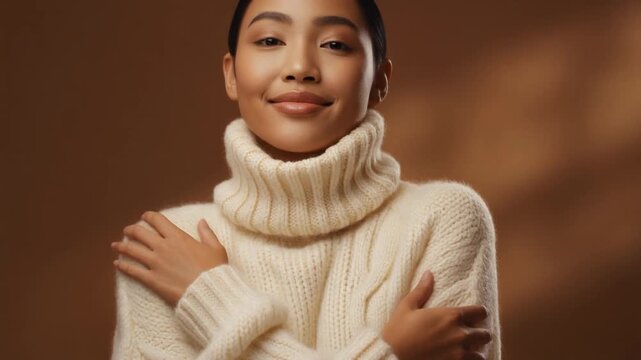 Young woman wearing a warm, cozy cream-colored turtleneck sweater, with her arms crossed, looking confidently at the camera with a gentle smile on her face