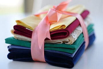 Stack of colorful fabrics tied with a pink ribbon for a decorative gift look
