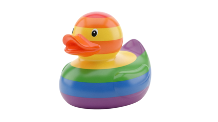 Rainbow rubber duck PNG isolated on transparent background, colorful toy for bath time and pride celebrations, vibrant and cheerful design