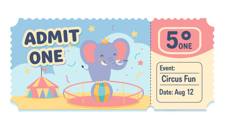 Circus Ticket Featuring Elephant Balancing on Ball with Tent.