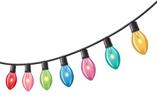 A string of colorful vintage c7 christmas lights with a black wire glowing brightly and isolated on transparent background