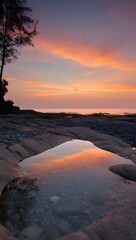 Sunset reflection on a tide pool with a rocky beach and a colorful sky in the background