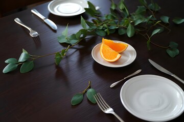 Table setting with orange slices and eucalyptus is elegantly arranged for dining