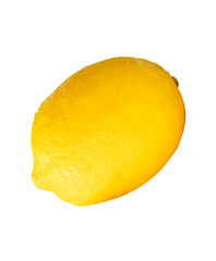 Side view of single fresh ripe yellow lemon fruit with water droplets isolated on white background with clipping path