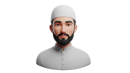 3D rendering of a Muslim man with beard and taqiyah isolated PNG, religious avatar for Islamic holidays and cultural events