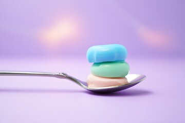Three pastel candies stacked on a spoon against a light purple background scene