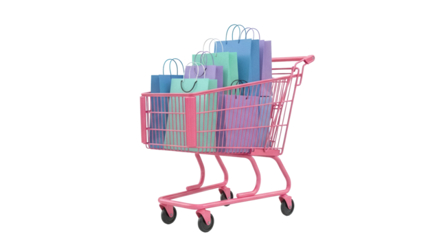 Pink shopping cart full of pastel shopping bags isolated PNG, retail therapy concept for online stores and e-commerce promotions