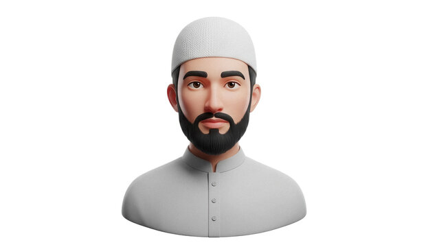 3D rendering of a Muslim man with beard and taqiyah isolated PNG, religious avatar for Islamic holidays and cultural events