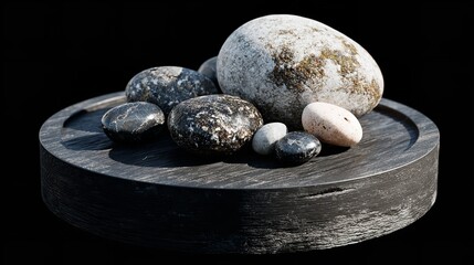 Abstract art featuring pebbles on a black plank atop