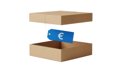 Open cardboard box with blue euro price tag isolated PNG, concept for sale, discount, promotion, special offer, or European market