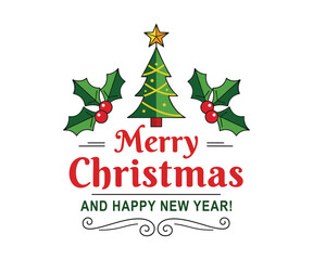 traditional festive holly wreath with red bow and stars surrounding a classic christmas and new year greeting suitable for seasonal holiday artwork