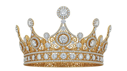 Ornate gold crown with diamonds isolated PNG, royal jewelry headwear for queen or princess on transparent background © James