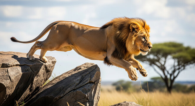 a male lion is jumping from a rock