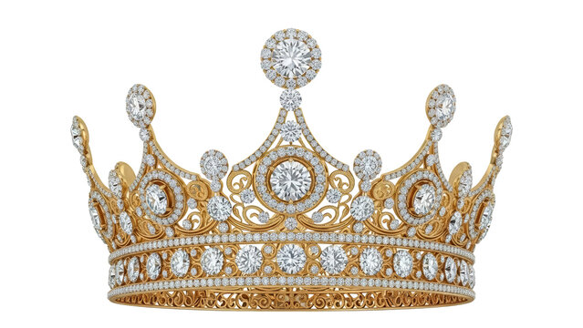 Ornate gold crown with diamonds isolated PNG, royal jewelry headwear for queen or princess on transparent background