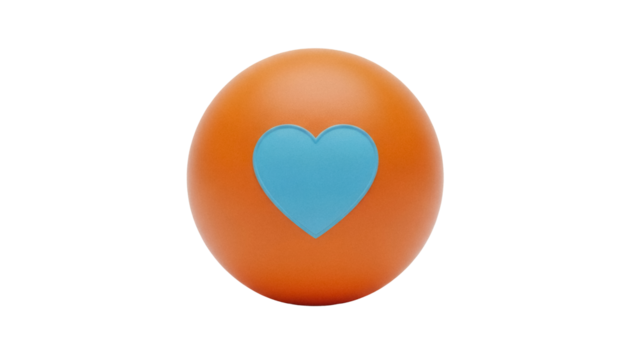 Orange sphere with blue heart isolated PNG on transparent background, love and care concept for graphic design and social media - Powered by Adobe