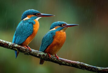 Fototapeta premium Two Brightly Colored Kingfishers Perch on a Wet Branch During a Downpour