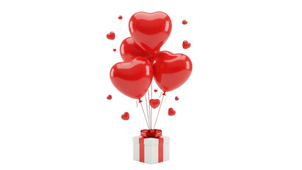 Red heart balloons with gift box isolated PNG, romantic present for Valentine s Day and love celebration on transparent background