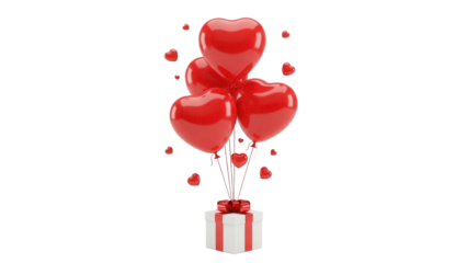 Red heart balloons with gift box isolated PNG, romantic present for Valentine s Day and love celebration on transparent background