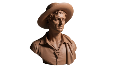 Terracotta bust of a man with hat isolated PNG, sculpture of a man in period clothing on transparent background