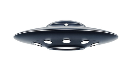 Sleek black UFO PNG isolated on transparent background, flying saucer with lights for science fiction and extraterrestrial themes © James
