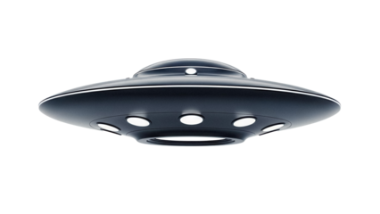 Sleek black UFO PNG isolated on transparent background, flying saucer with lights for science fiction and extraterrestrial themes