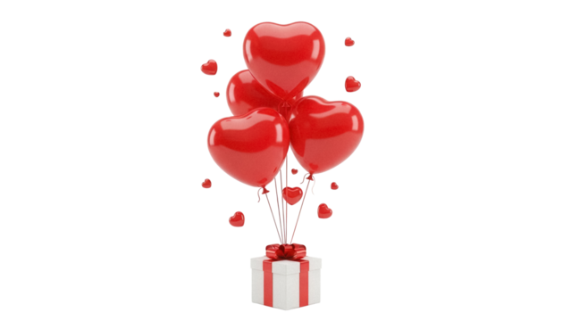 Red heart balloons with gift box isolated PNG, romantic present for Valentine s Day and love celebration on transparent background