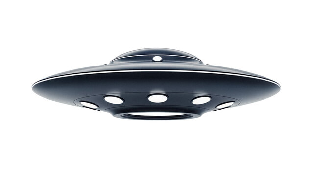 Sleek black UFO PNG isolated on transparent background, flying saucer with lights for science fiction and extraterrestrial themes