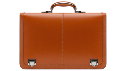 Brown leather briefcase isolated PNG, classic business bag for professional use and carrying documents on transparent background