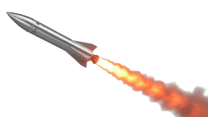 Silver space rocket launching with flames isolated PNG, futuristic spacecraft for space exploration and science fiction concepts on transparent background