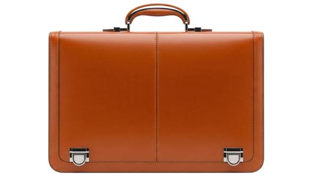 Brown leather briefcase isolated PNG, classic business bag for professional use and carrying documents on transparent background