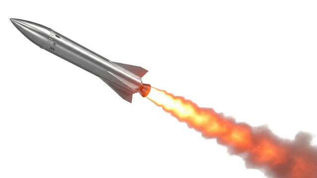 Silver space rocket launching with flames isolated PNG, futuristic spacecraft for space exploration and science fiction concepts on transparent background