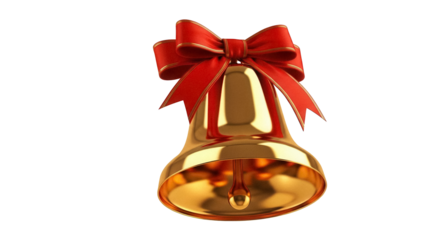 Golden Christmas bell with red bow isolated PNG, festive holiday decoration on transparent background for graphic design and greeting cards