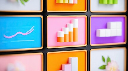 Colorful Charts and Graphs in Frames, Abstract Data Visualization