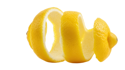 Lemon peel curl isolated PNG on transparent background, citrus zest twist for cocktails and culinary garnish