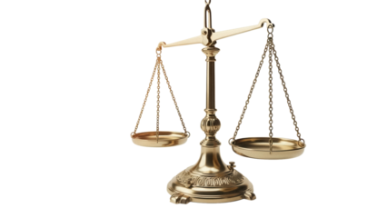 Golden balance scale isolated PNG, symbol of justice and law on transparent background, legal concept for graphic design and web use