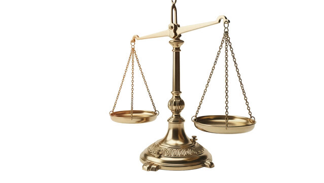 Golden balance scale isolated PNG, symbol of justice and law on transparent background, legal concept for graphic design and web use