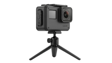 Black action camera on tripod isolated PNG, compact digital device for sports and travel recording on transparent background