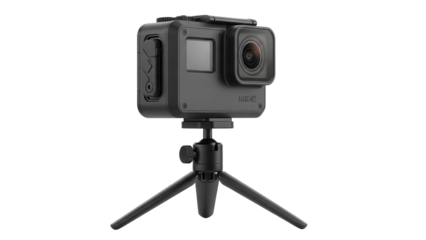 Black action camera on tripod isolated PNG, compact digital device for sports and travel recording on transparent background