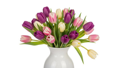 Bouquet of pink, purple, and white tulips in a vase isolated PNG, spring flowers arrangement on transparent background