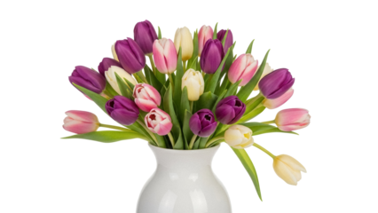 Bouquet of pink, purple, and white tulips in a vase isolated PNG, spring flowers arrangement on transparent background