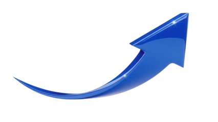 Shiny blue arrow pointing up PNG isolated on transparent background, growth and success concept for business and marketing
