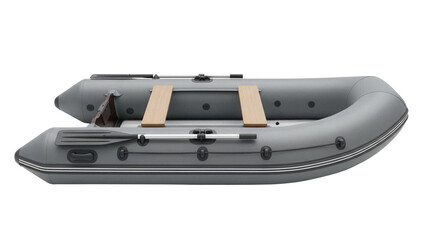 Gray inflatable boat PNG isolated on transparent background, rubber dinghy with oars and wooden seats for fishing and recreation © James