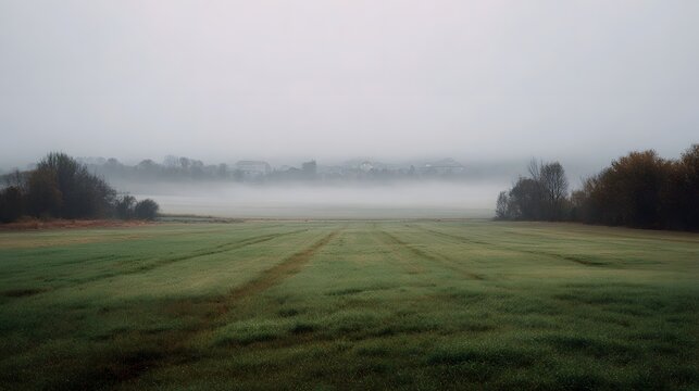 A foggy rural landscape with a green field stretching towards a distant mist shrouded town