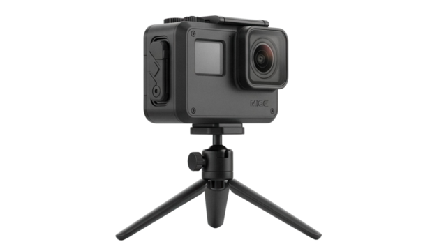 Black action camera on tripod isolated PNG, compact digital device for sports and travel recording on transparent background